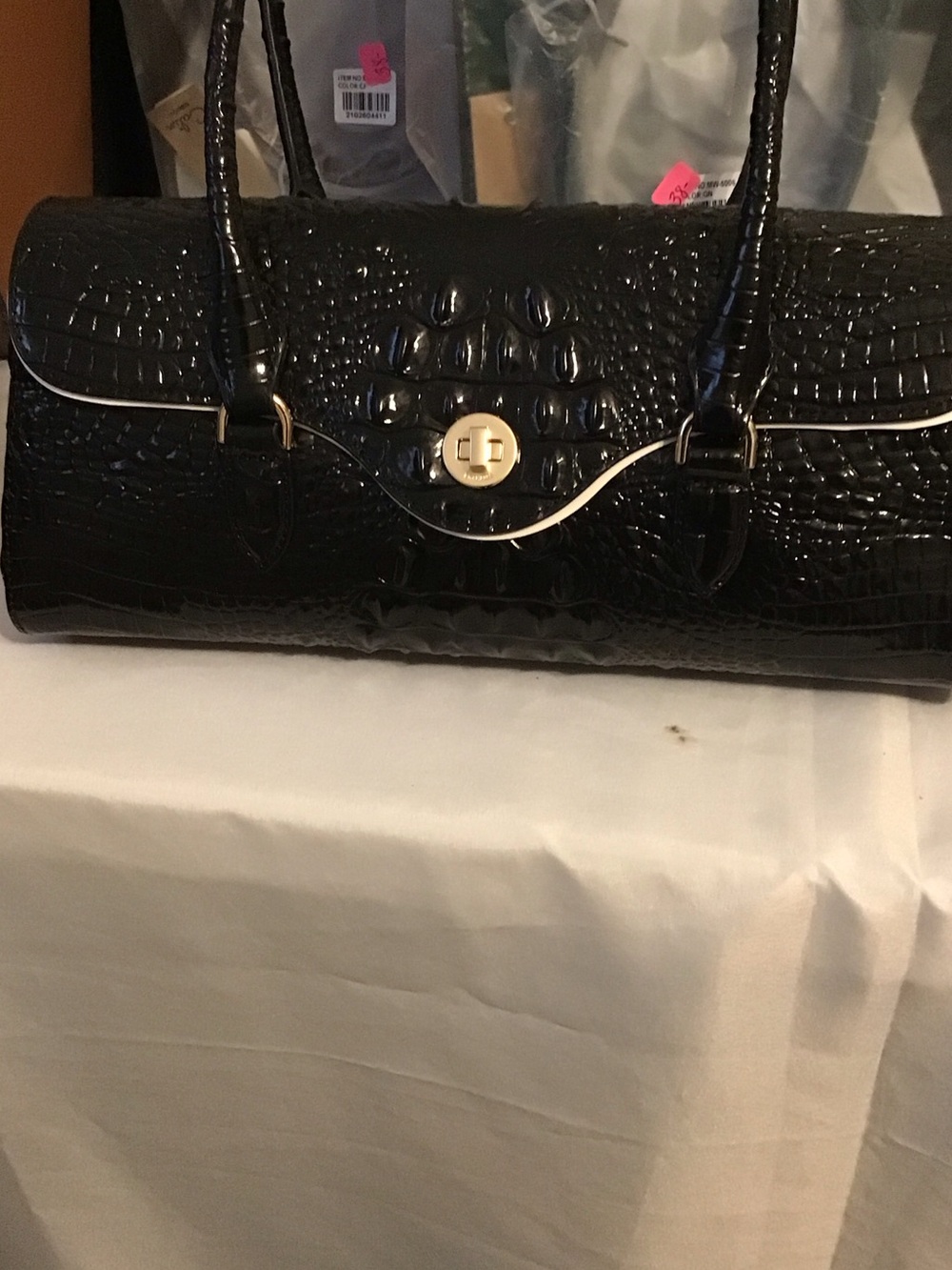 Black Croc-Embossed Shoulder Bag with Turn-Lock Closure